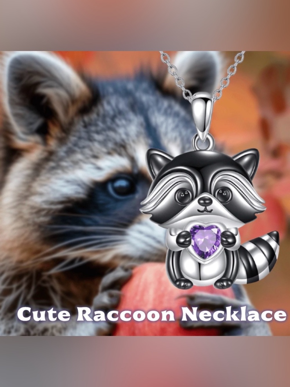 Cute Raccoon Pendant Necklace with Purple Heart Gem